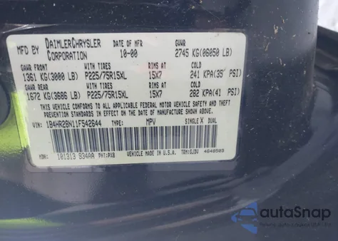 2001 Dodge Durango из США, поврежденный, VIN 1B4HR28N11F542644